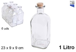 Pack 24 Botellas Cristal Cuadrada Natural c/tapón Corcho 500ml / Medidas  26×6,5×6,5cm